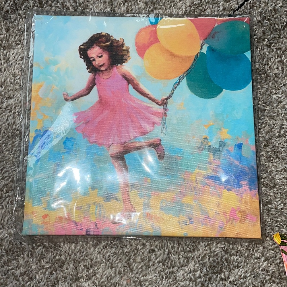 A painting of a girl with balloons and her hand